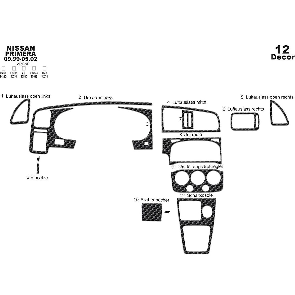 Meriç® Nissan Primera Ön Torpido Kaplama 12 Parça 1999-2002