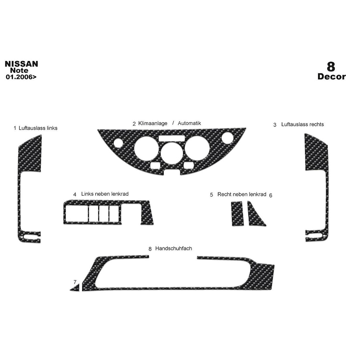 Meriç® Nissan Note Ön Torpido Kaplama 8 Parça 2006-2011
