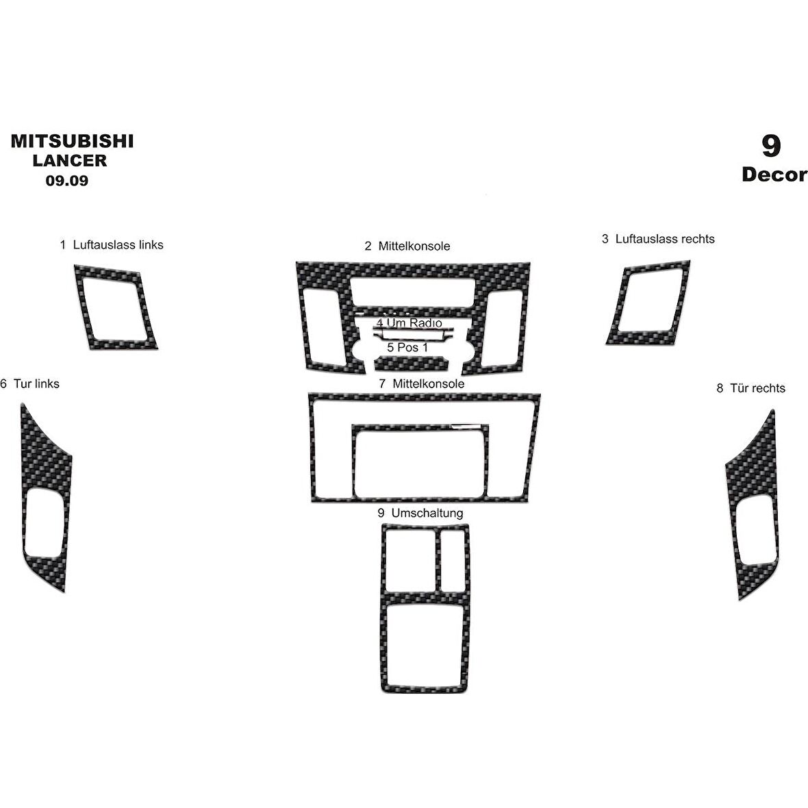 Meriç® Mitsubishi Lancer Ön Torpido Kaplama 9 Parça 2009-2016