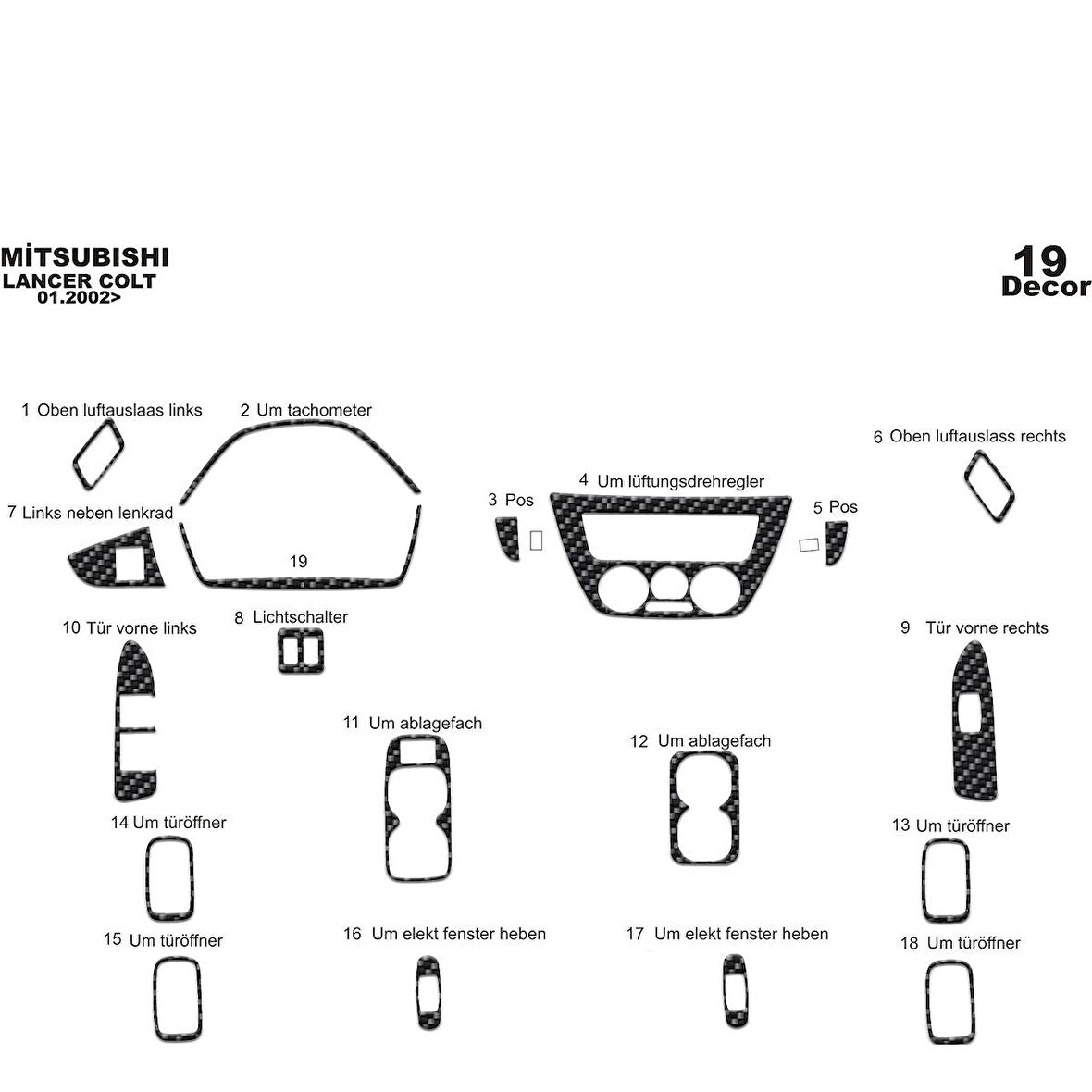 Meriç® Mitsubishi Lancer Ön Torpido Kaplama 19 Parça 2002-2009