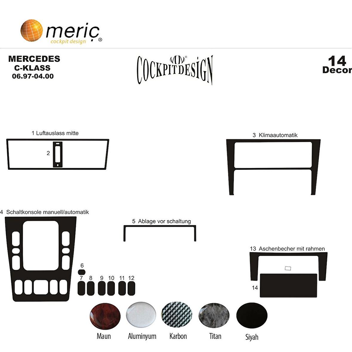 Meriç® Mercedes C Serisi Ön Torpido Kaplama 14 Parça 1997-2000