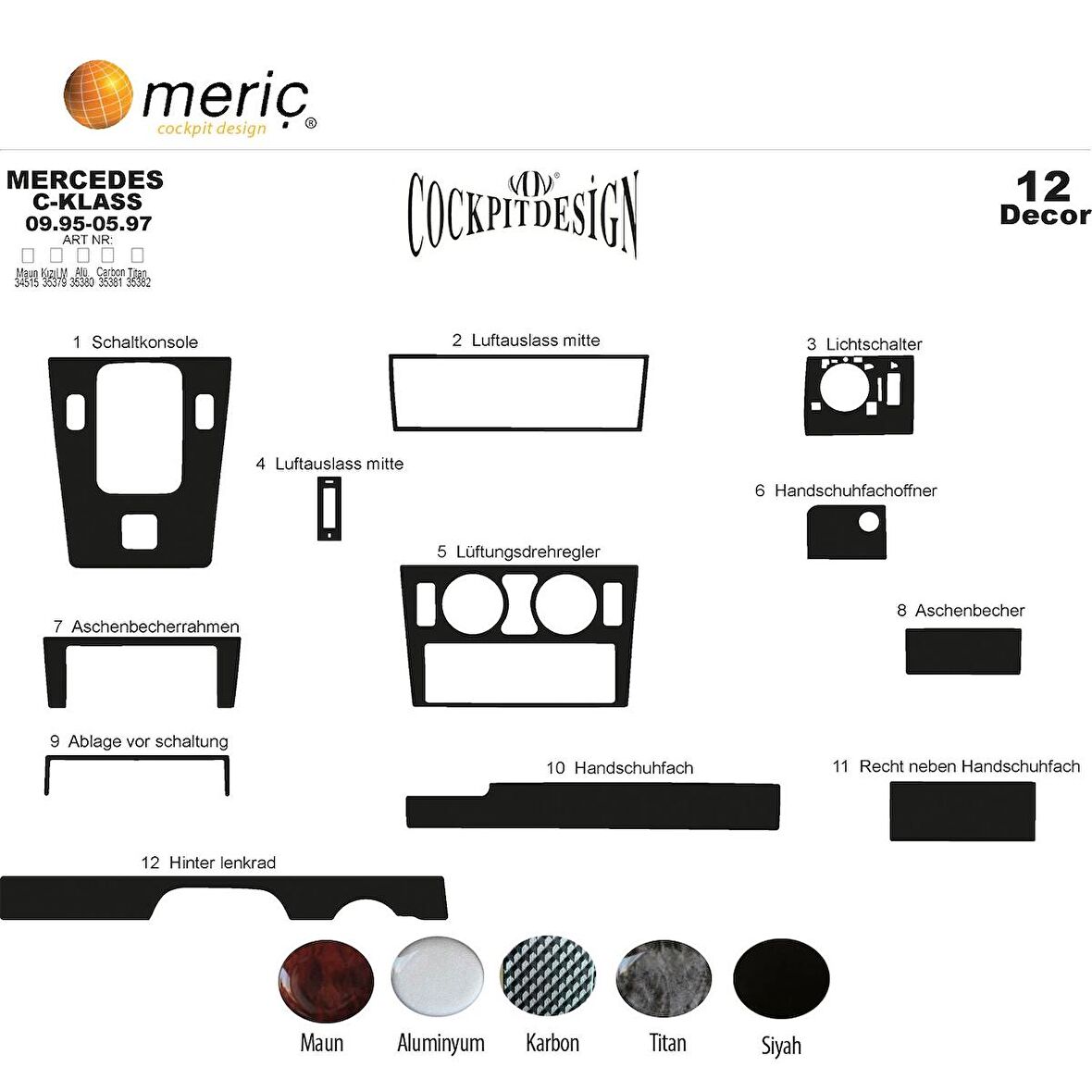 Meriç® Mercedes C Serisi Ön Torpido Kaplama 12 Parça 1995-1997