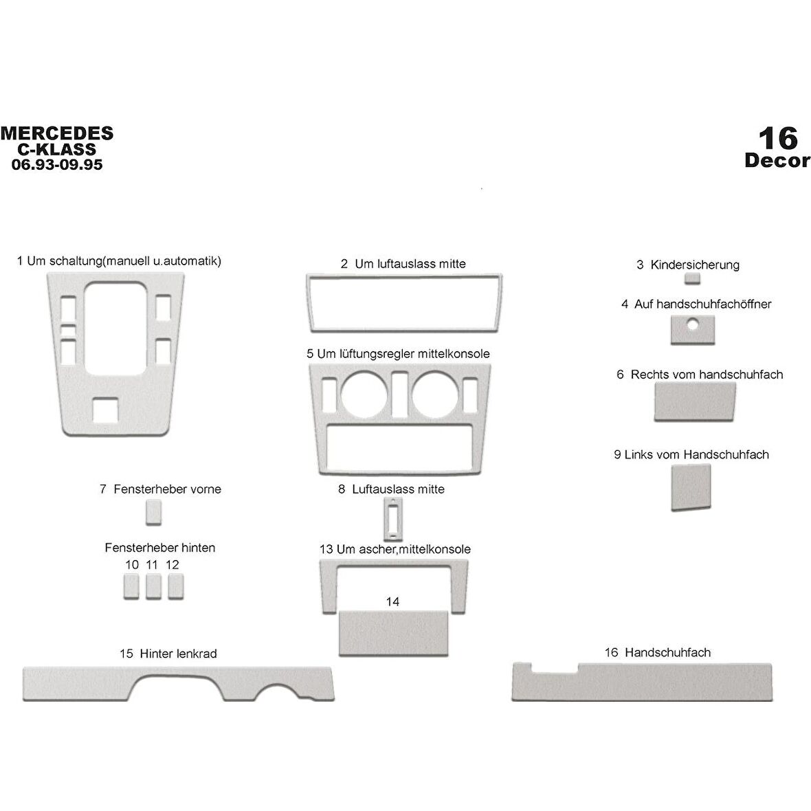 Meriç® Mercedes C Serisi Ön Torpido Kaplama 16 Parça 1993-1995