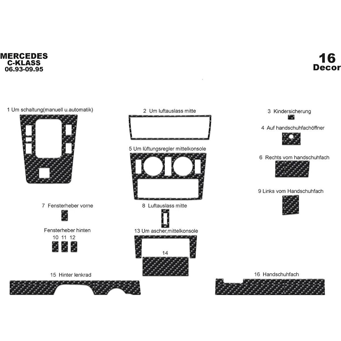 Meriç® Mercedes C Serisi Ön Torpido Kaplama 16 Parça 1993-1995