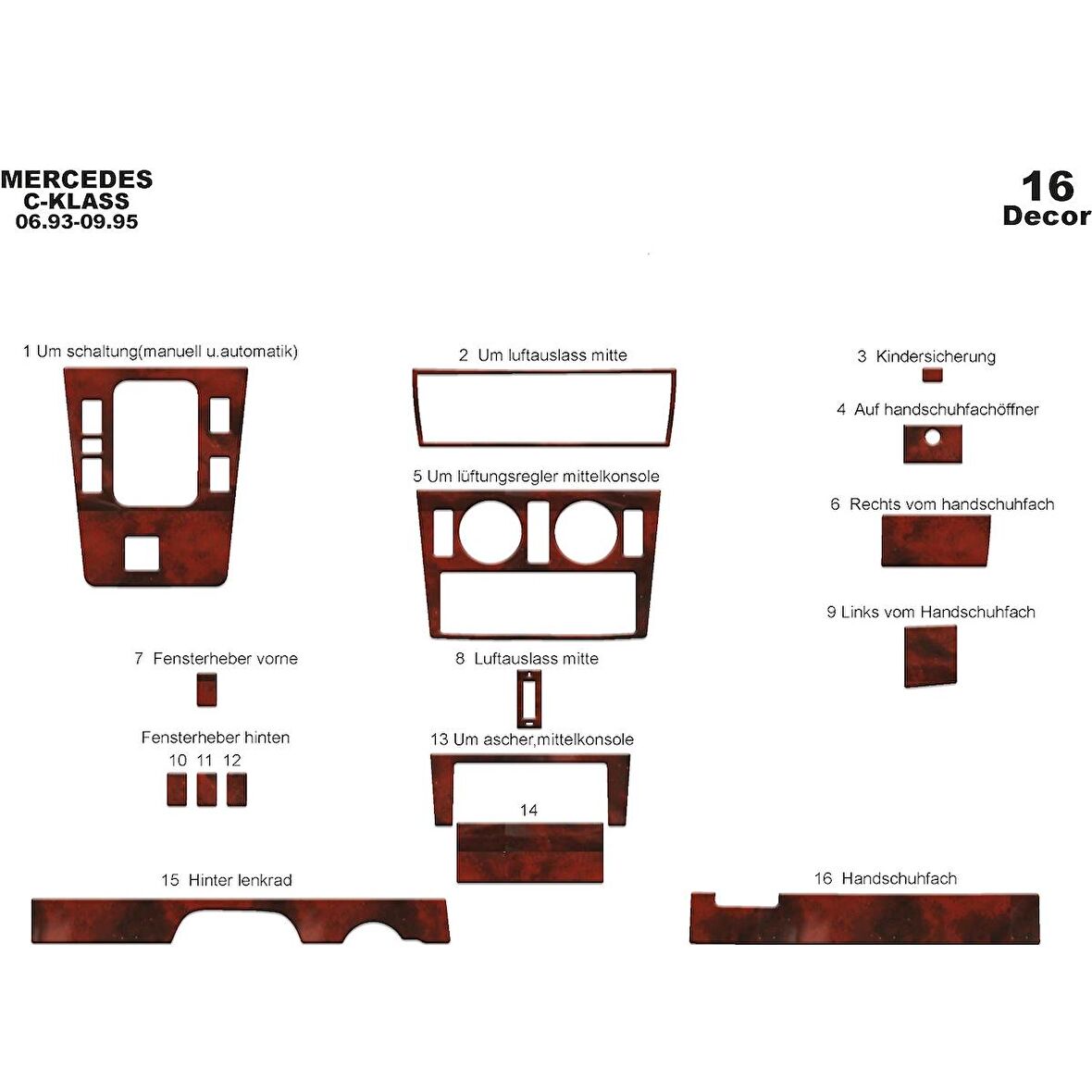 Meriç® Mercedes C Serisi Ön Torpido Kaplama 16 Parça 1993-1995