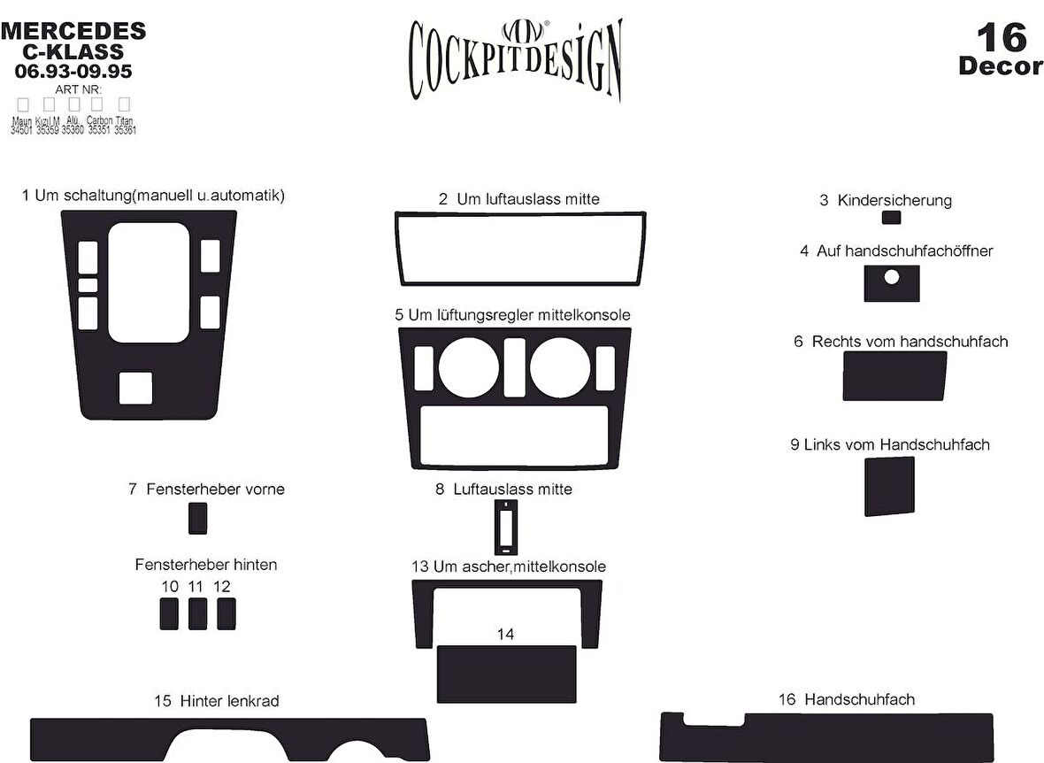 Meriç® Mercedes C Serisi Ön Torpido Kaplama 16 Parça 1993-1995