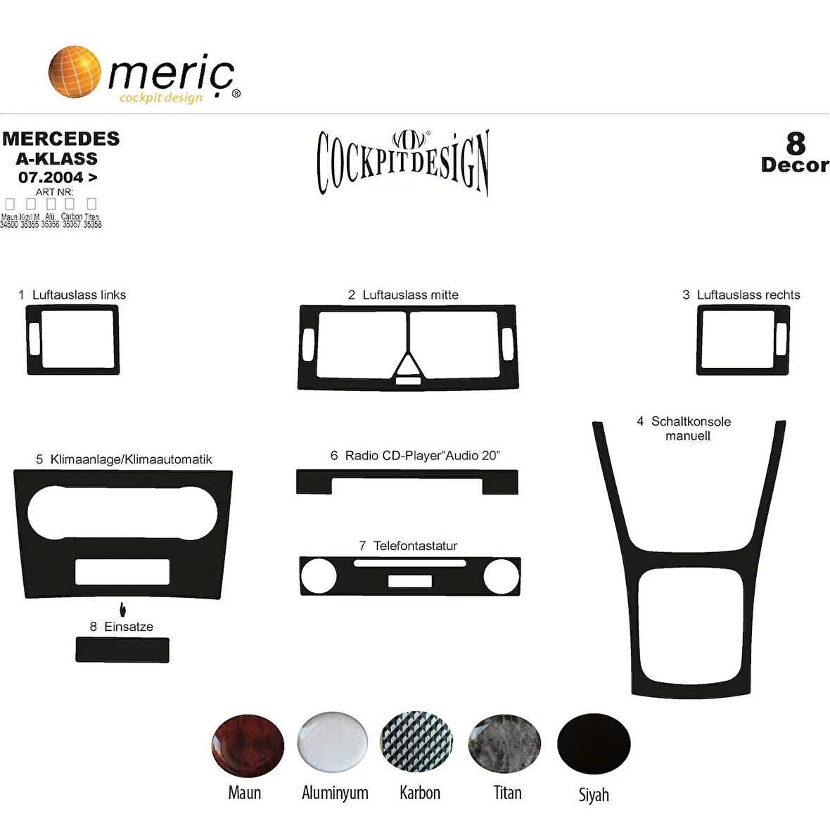 Meriç® Mercedes A/B Serisi Ön Torpido Kaplama 8 Parça 2004-2009