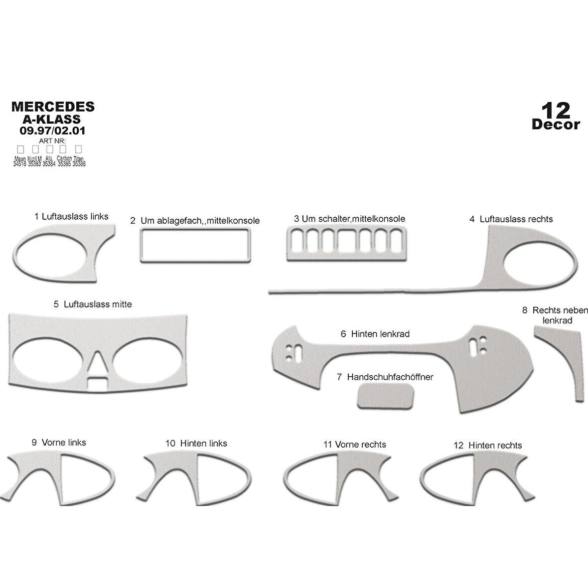 Meriç® Mercedes A Serisi Ön Torpido Kaplama 12 Parça 1997-2001