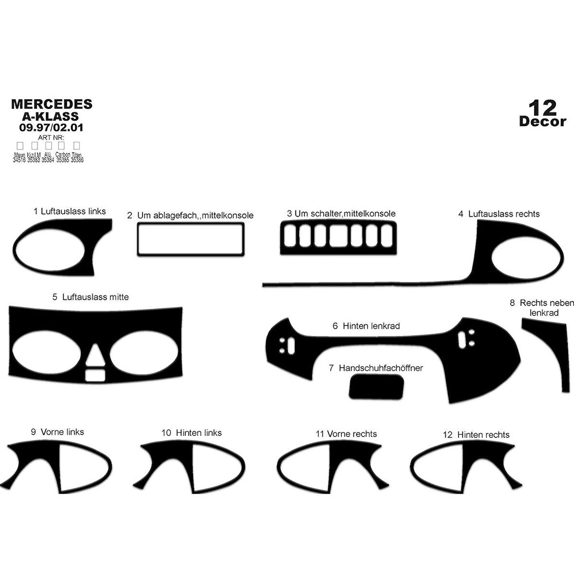 Meriç® Mercedes A Serisi Ön Torpido Kaplama 12 Parça 1997-2001