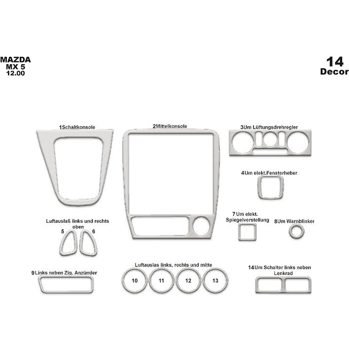 Meriç® Mazda MX 5 Ön Torpido Kaplama 14 Parça 2000-2005