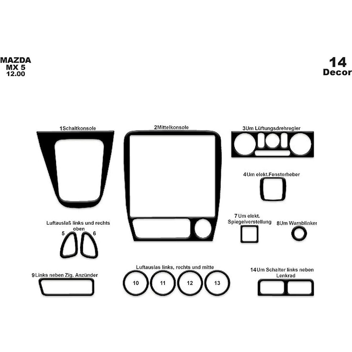 Meriç® Mazda MX 5 Ön Torpido Kaplama 14 Parça 2000-2005