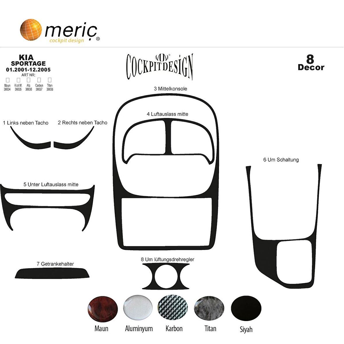 Meriç® Kia Sportage Ön Torpido Kaplama 8 Parça 2001-2005
