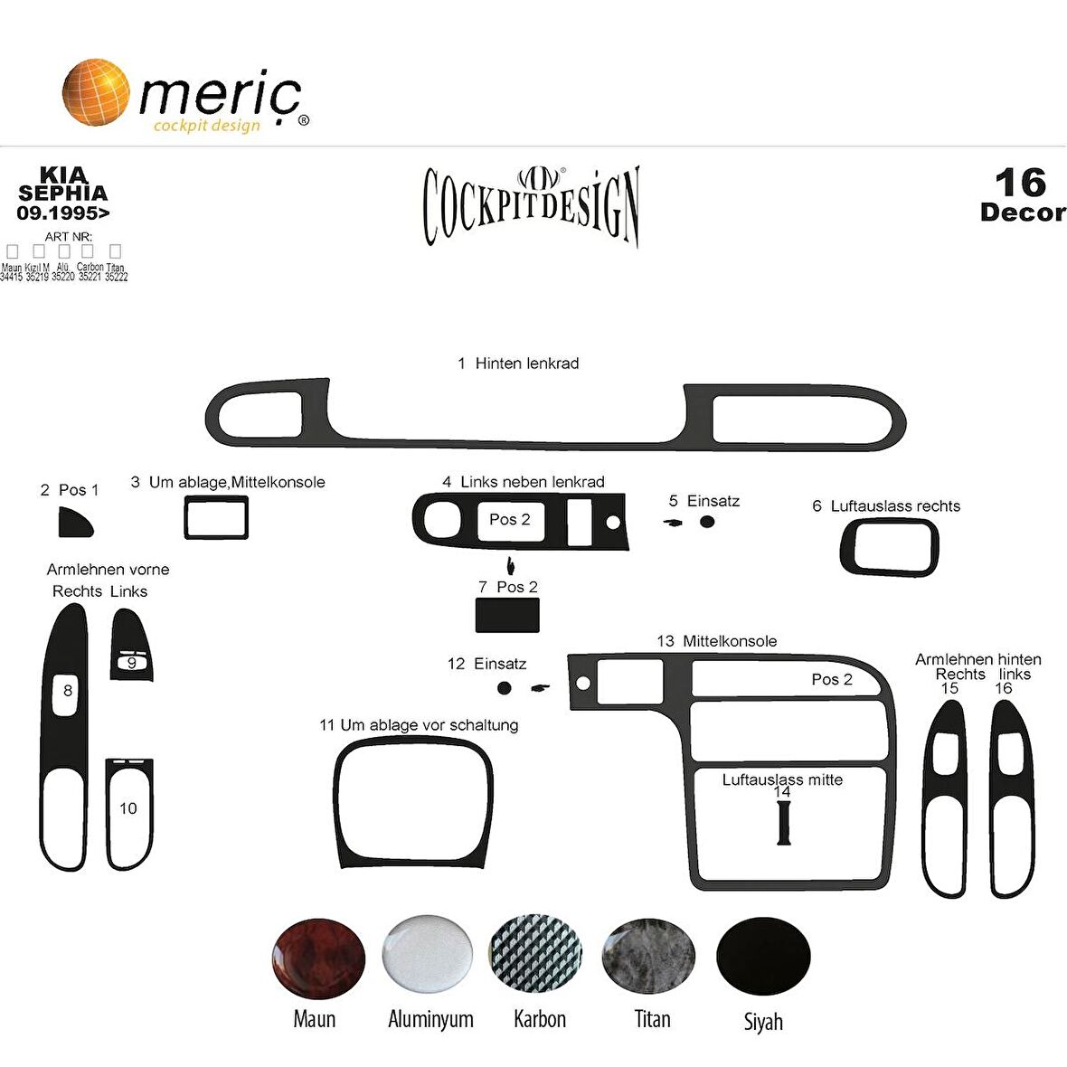 Meriç® Kia Sephia Ön Torpido Kaplama 16 Parça 1995-2006