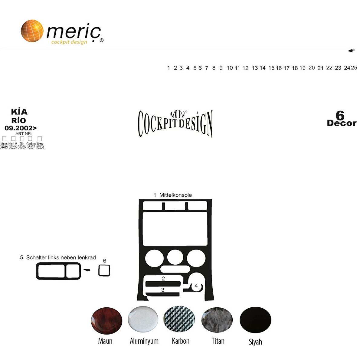 Meriç® Kia Rio Ön Torpido Kaplama 6 Parça 2002-2005