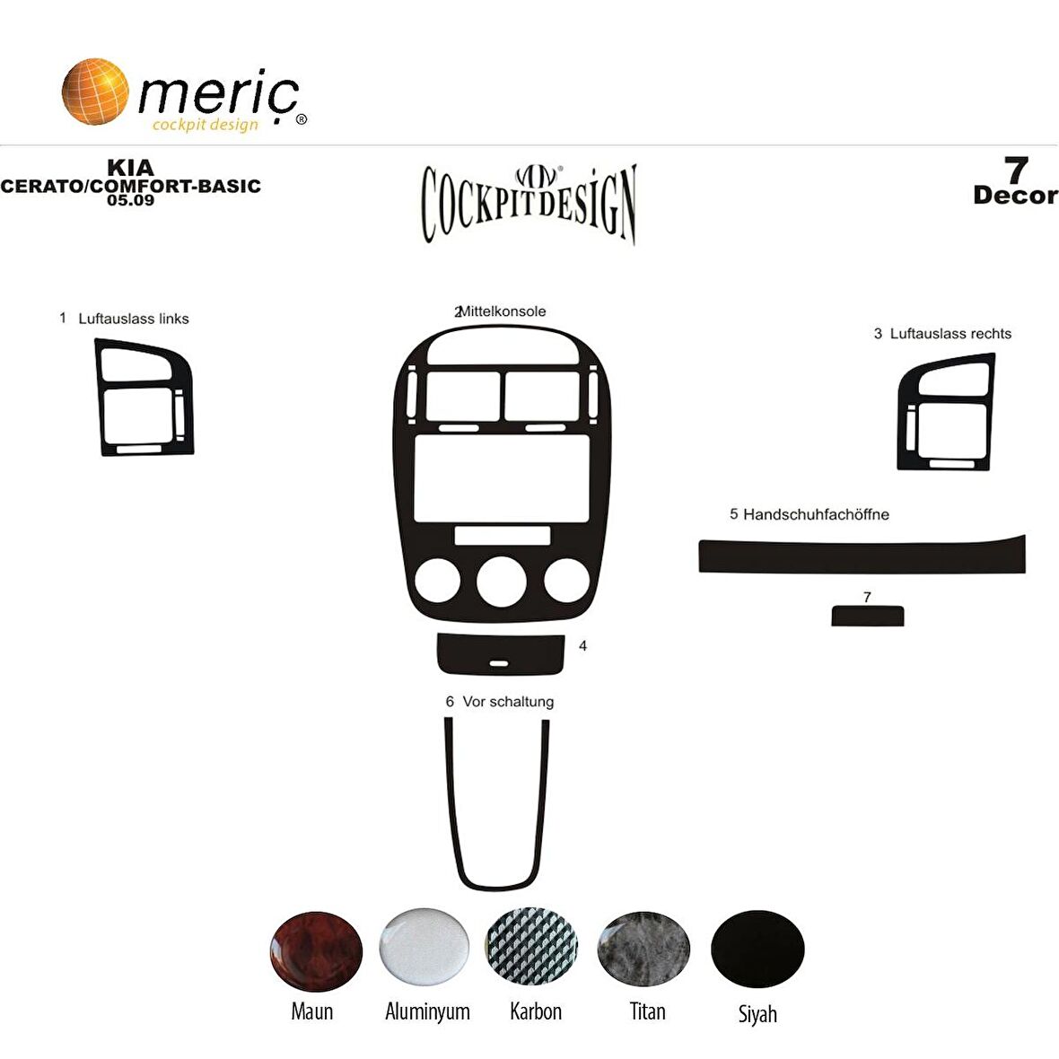 Meriç® Kia Cerato Sedan Ön Torpido Kaplama 7 Parça 2007-›