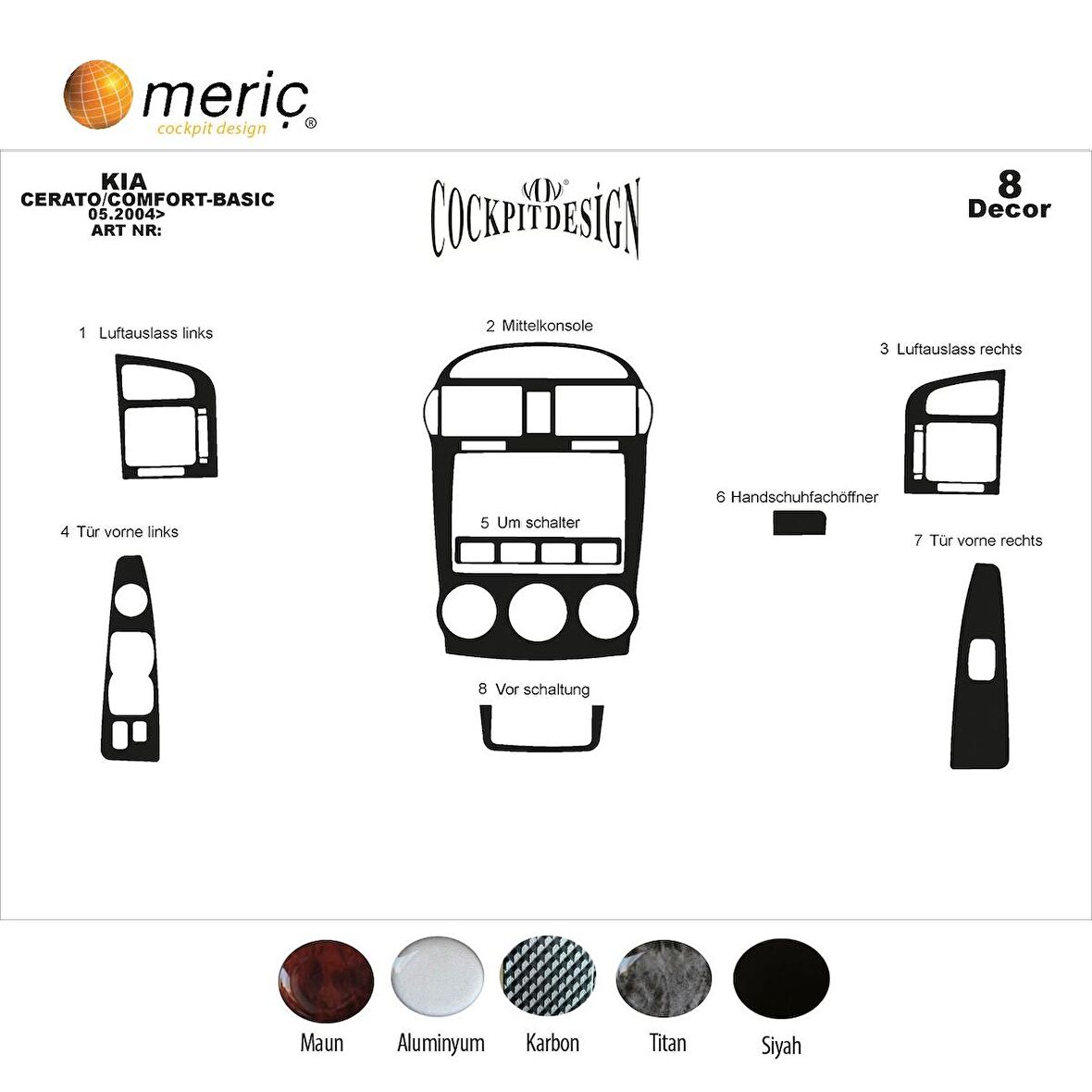 Meriç® Kia Cerato LX Sedan Ön Torpido Kaplama 8 Parça 2004-2007