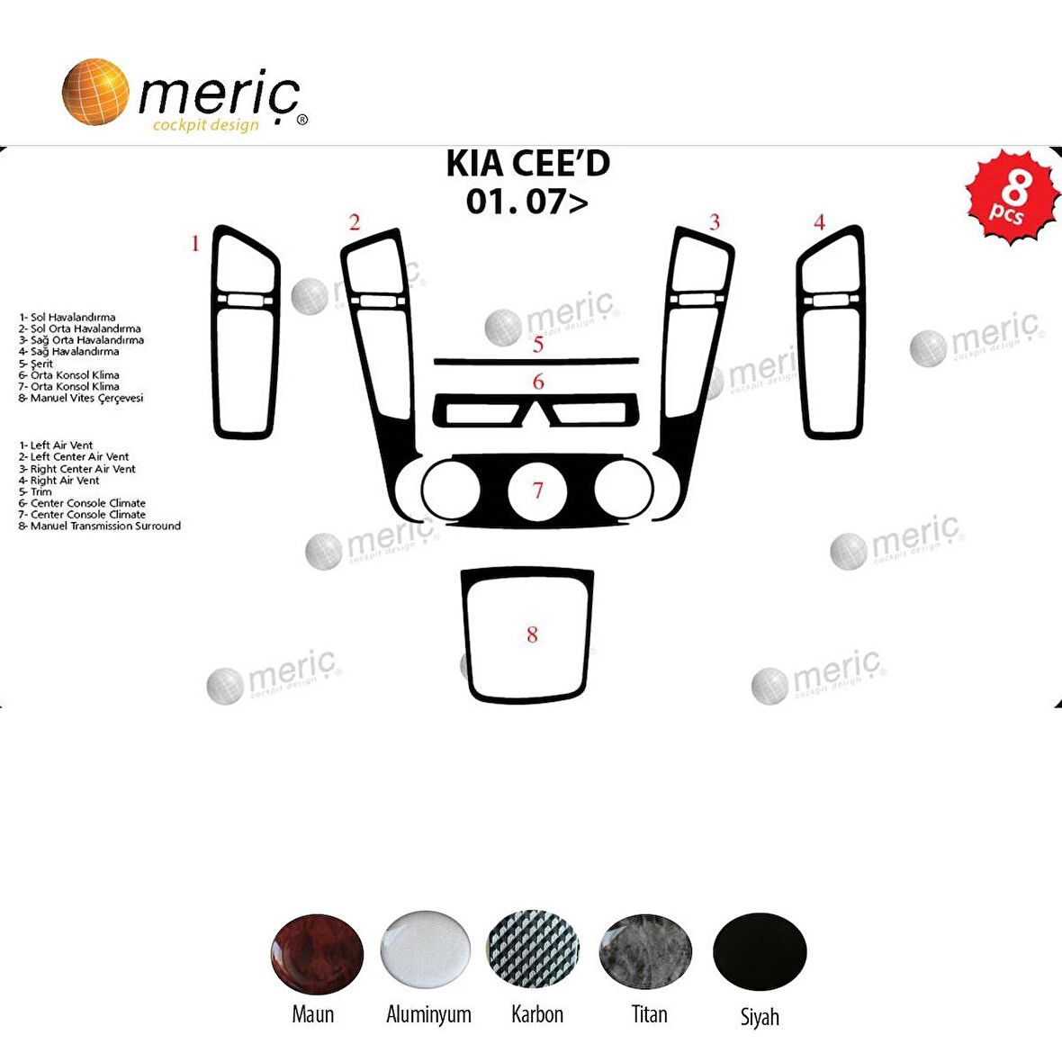 Meriç® Kia Ceed Ön Torpido Kaplama 8 Parça 2007-›