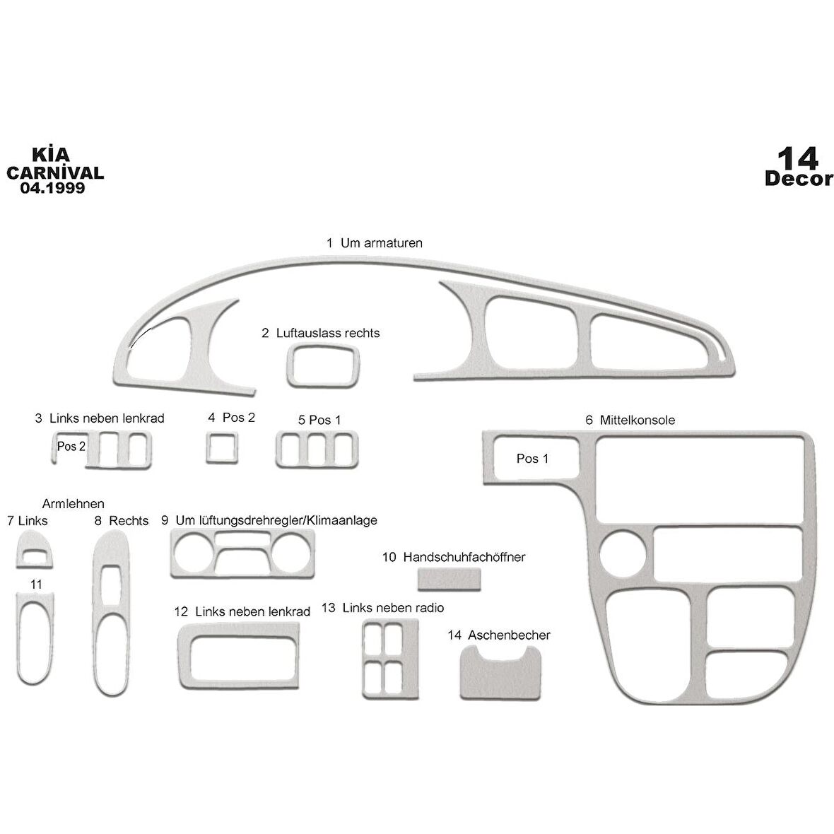 Meriç® Kia Carnival Ön Torpido Kaplama 14 Parça 1999-2006