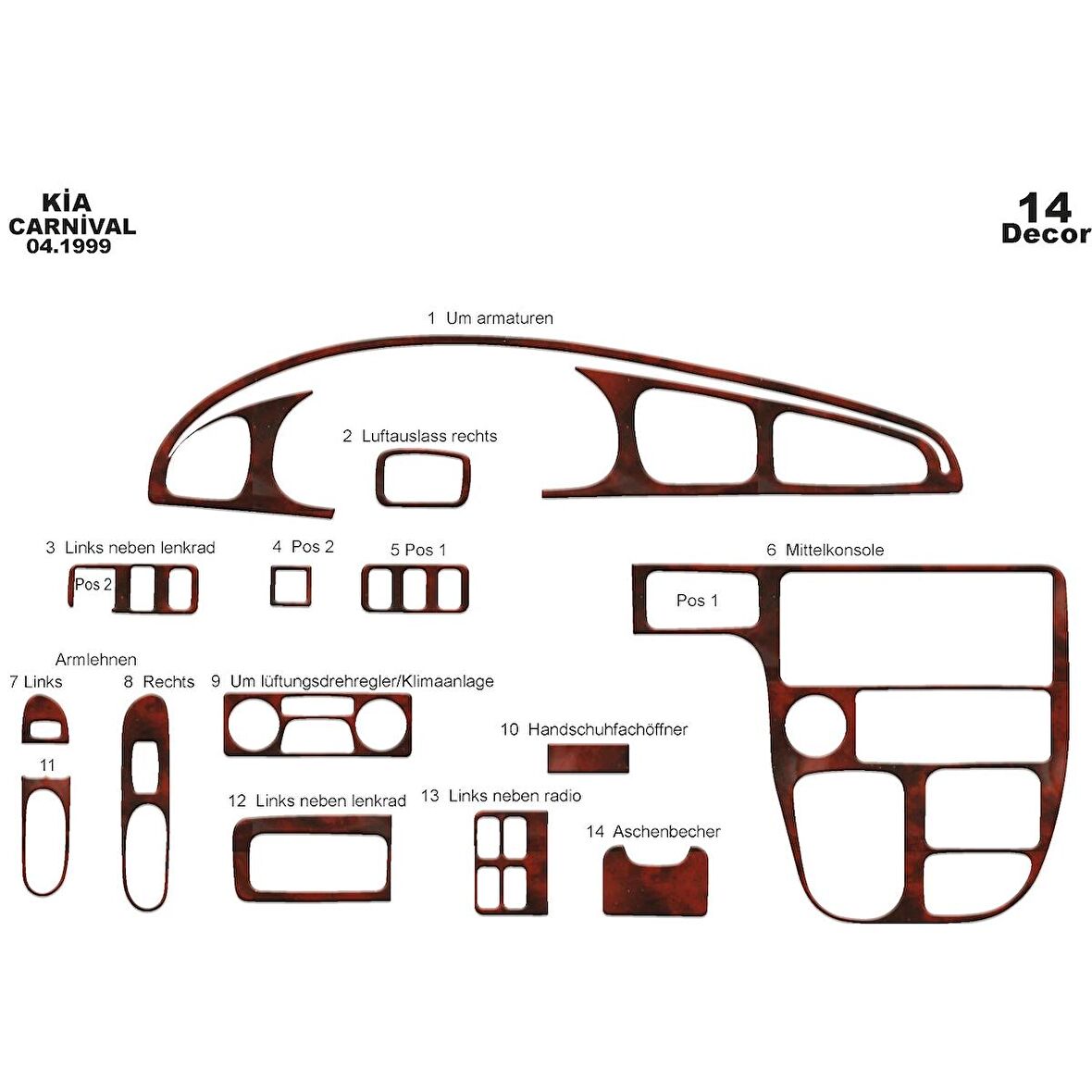 Meriç® Kia Carnival Ön Torpido Kaplama 14 Parça 1999-2006