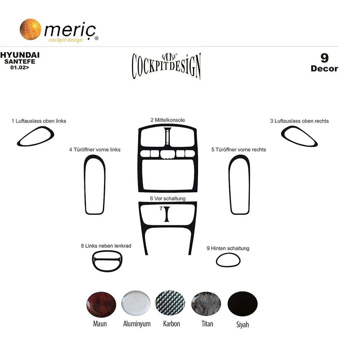 Meriç® Hyundai Santa Fe Ön Torpido Kaplama 9 Parça 2002-2006
