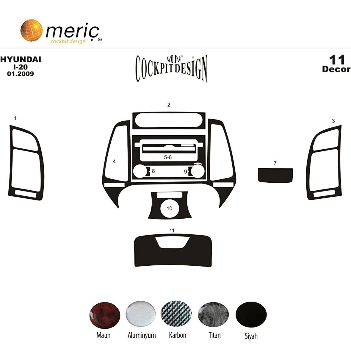 Meriç® Hyundai i20 Ön Torpido Kaplama 11 Parça 2009-2012