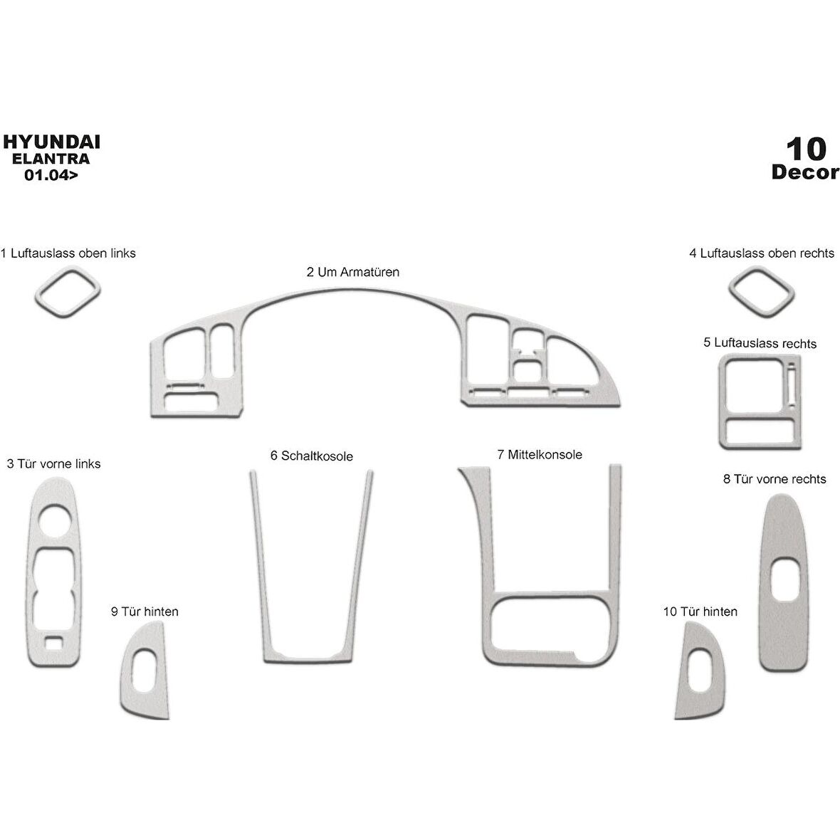 Meriç® Hyundai Elantra Ön Torpido Kaplama 10 Parça 2004-2007