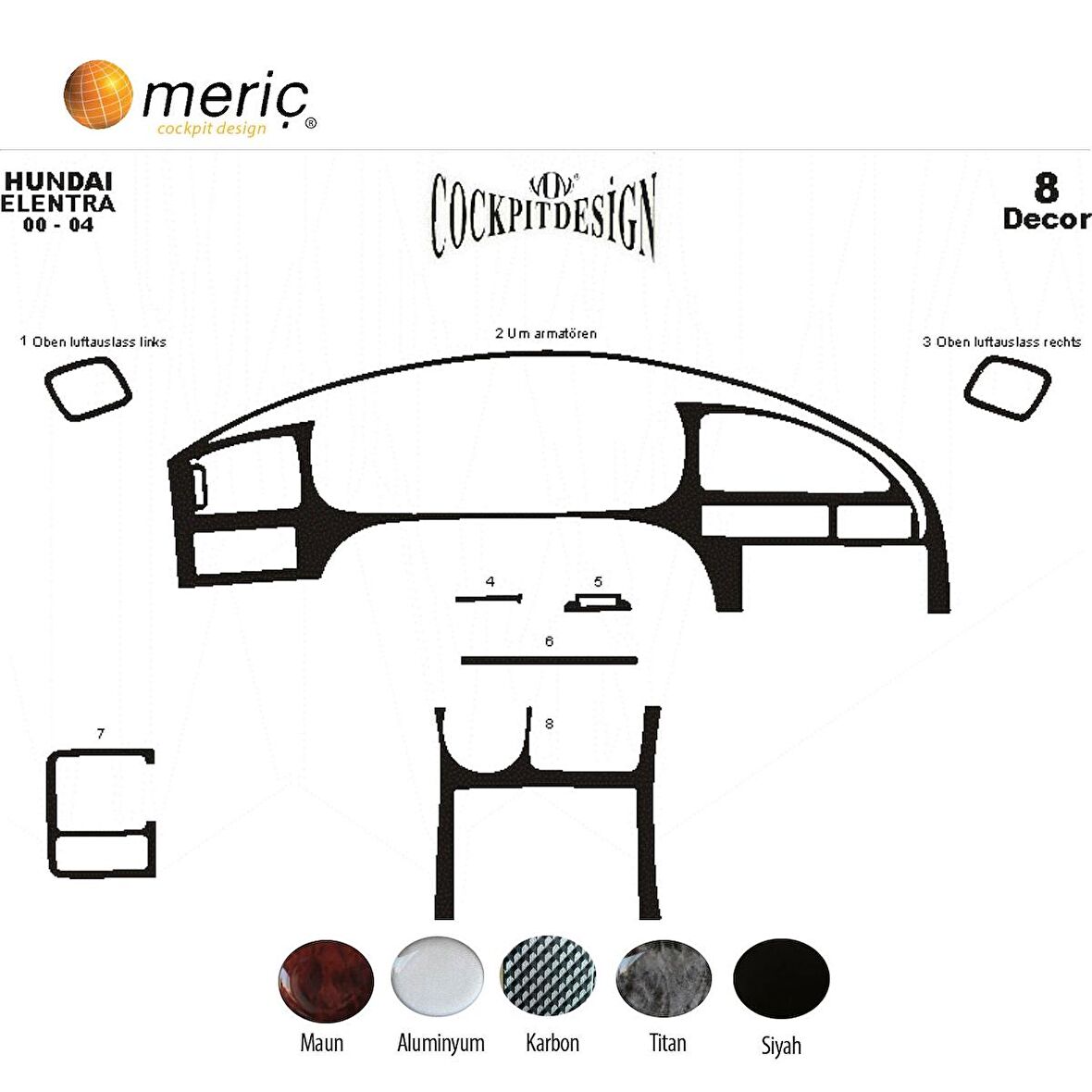 Meriç® Hyundai Elantra Ön Torpido Kaplama 8 Parça 2000-2004