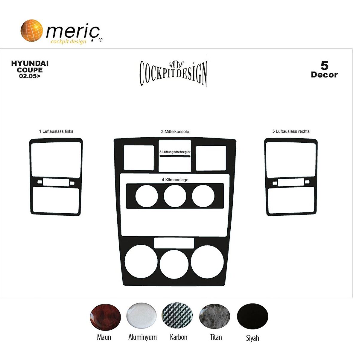 Meriç® Hyundai Coupe Ön Torpido Kaplama 5 Parça 2005-2008
