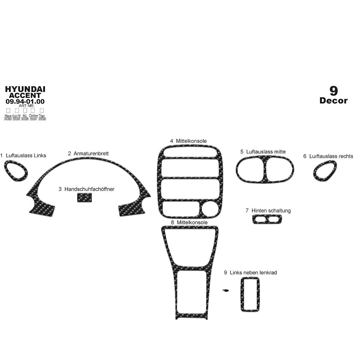 Meriç® Hyundai Accent Ön Torpido Kaplama 9 Parça 1994-2000