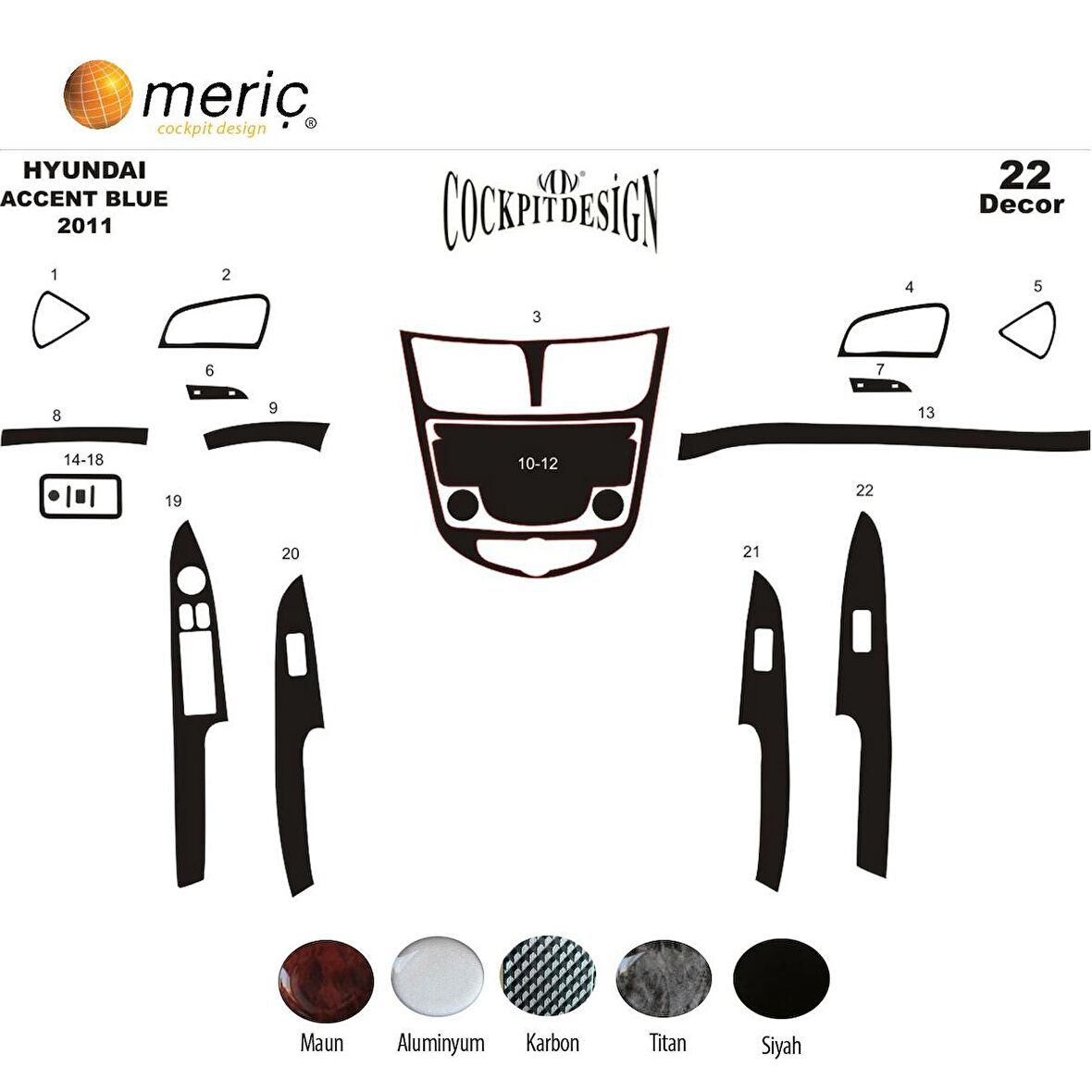 Meriç® Hyundai Accent Blue Ön Torpido Kaplama 22 Parça 2011-›