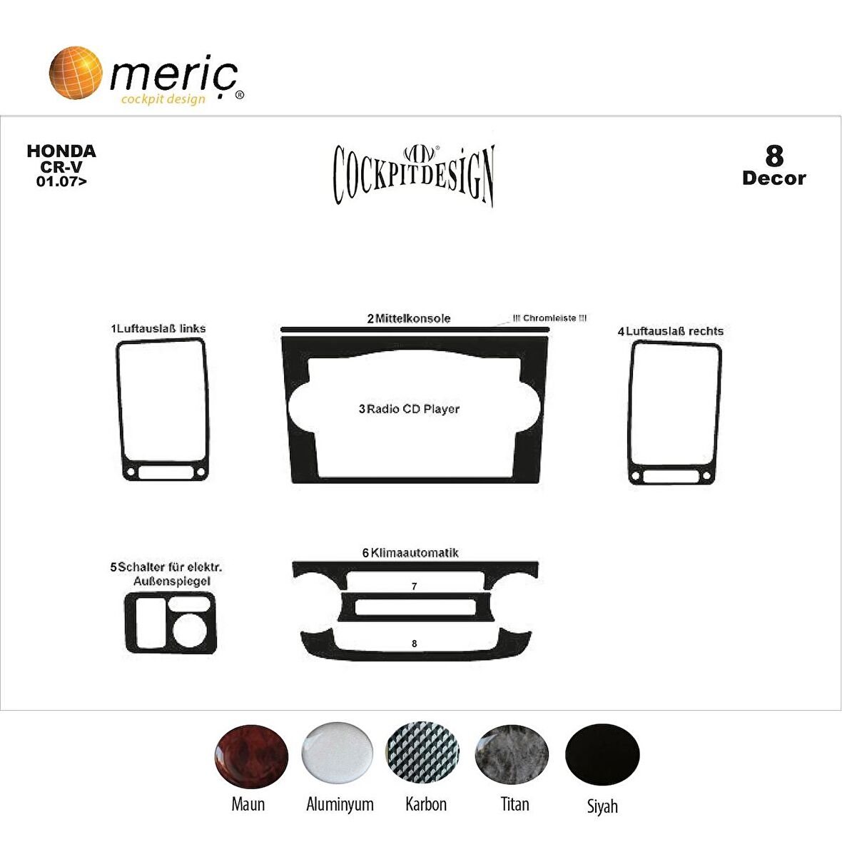 Meriç® Honda Cr-V 4x4 Ön Torpido Kaplama 8 Parça 2007-2013