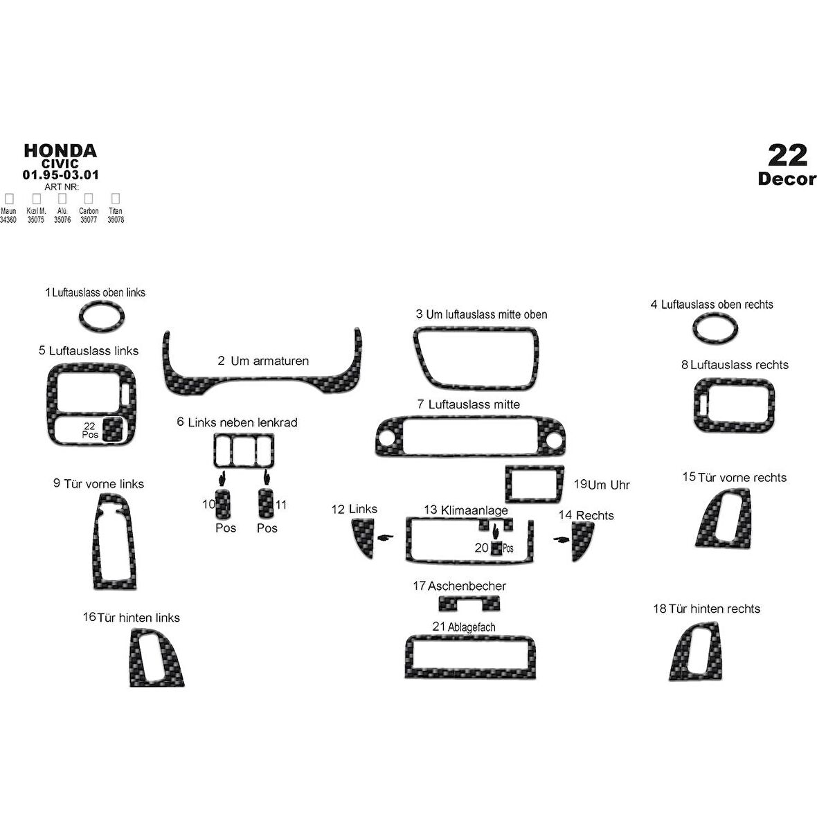 Meriç® Honda Civic Ön Torpido Kaplama 22 Parça 1995-2001
