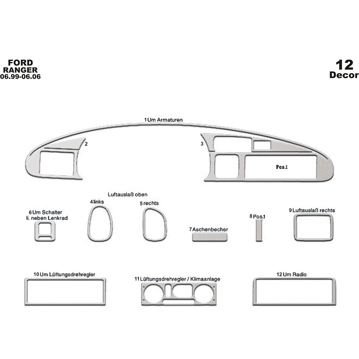 Meriç® Ford Ranger Ön Torpido Kaplama 12 Parça 1999-2006