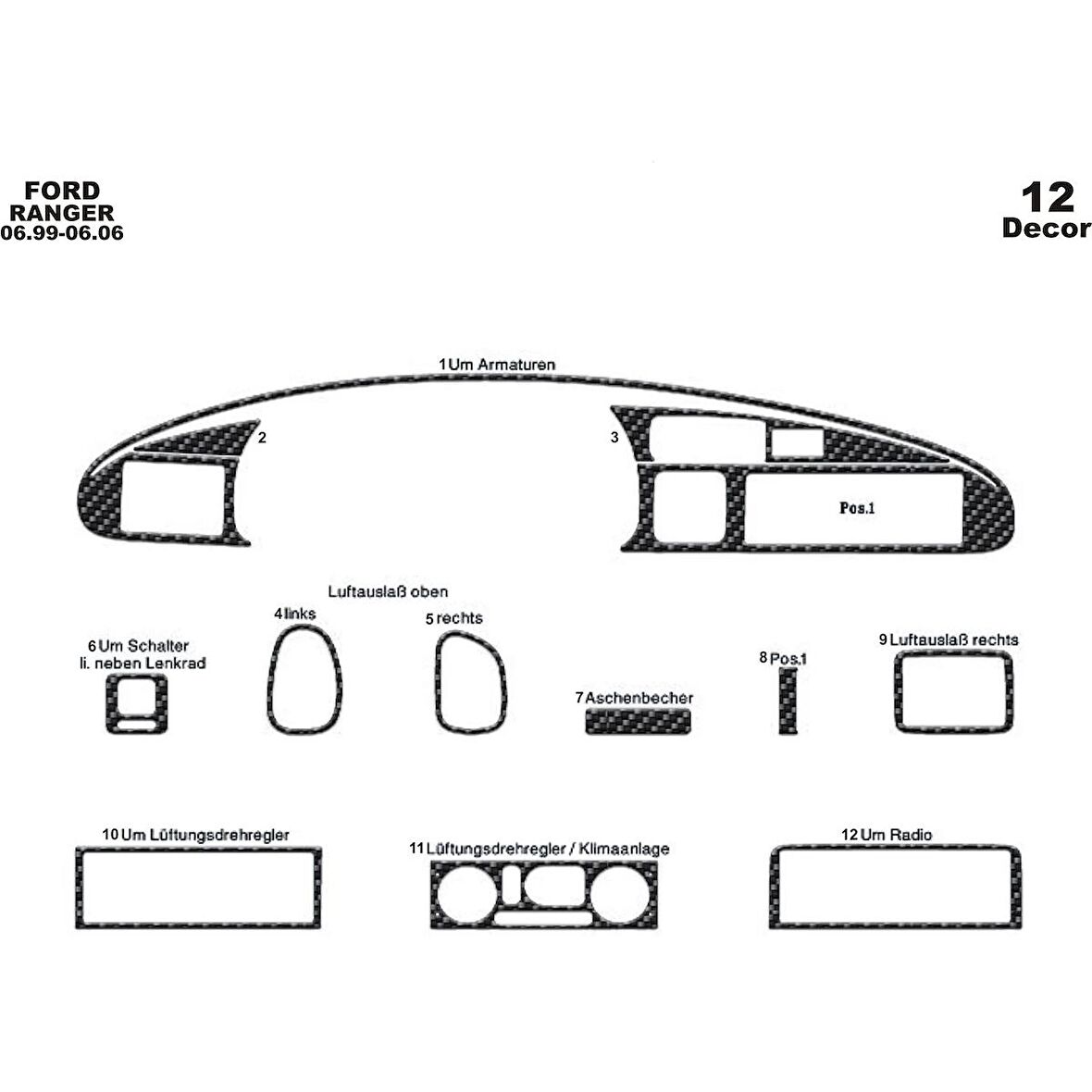 Meriç® Ford Ranger Ön Torpido Kaplama 12 Parça 1999-2006