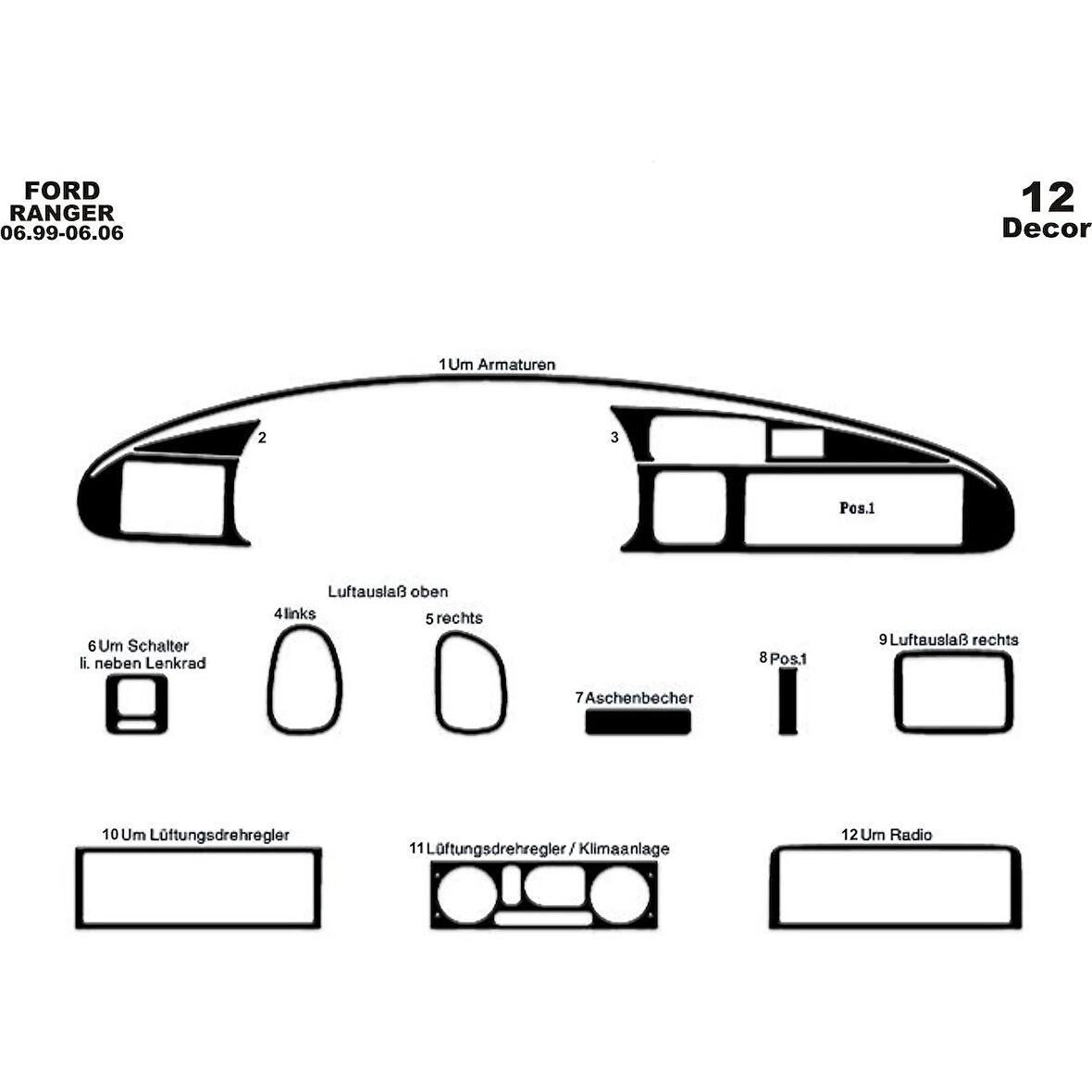 Meriç® Ford Ranger Ön Torpido Kaplama 12 Parça 1999-2006
