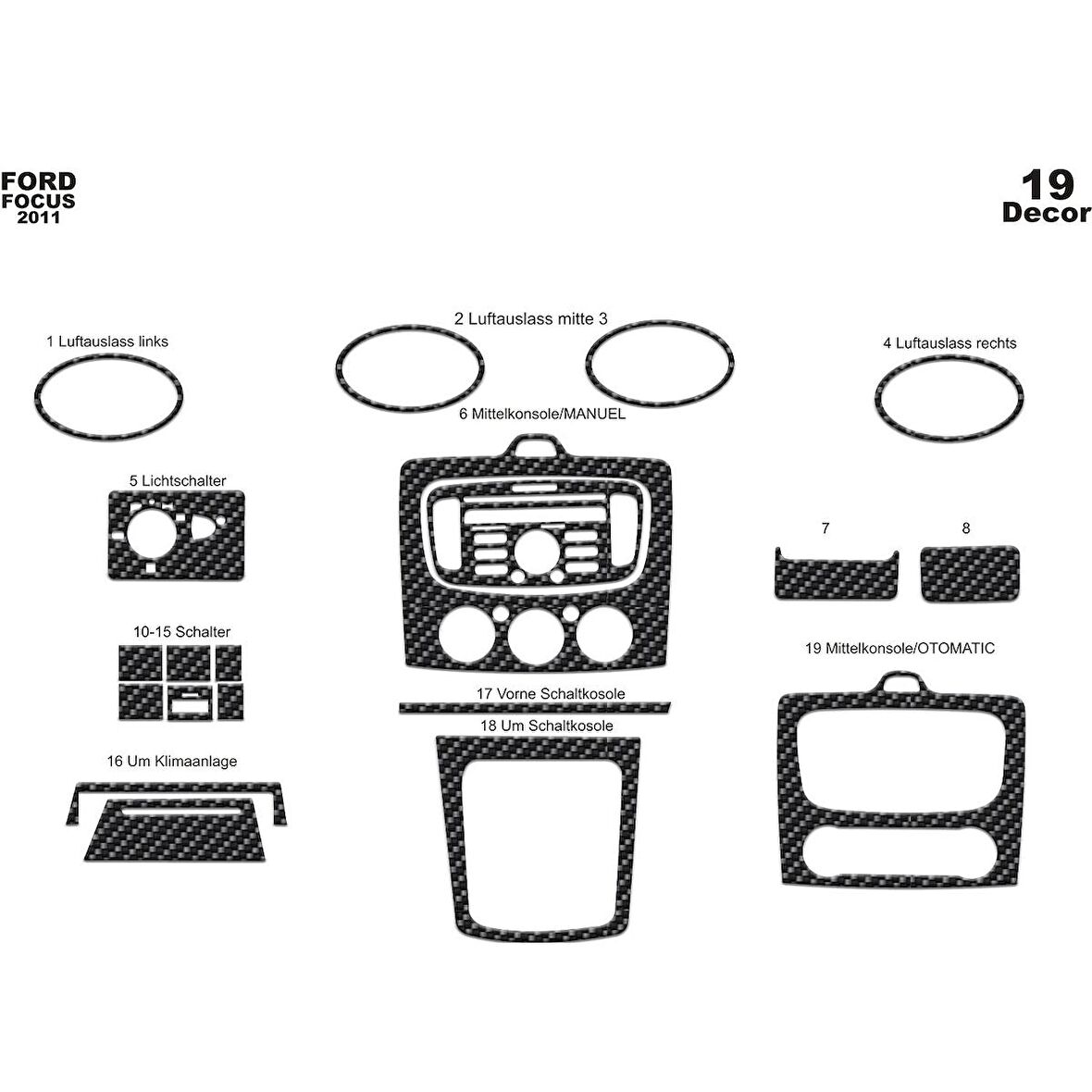 Meriç® Ford Focus Ön Torpido Kaplama (M.Klima) 19 P. 2004-2012