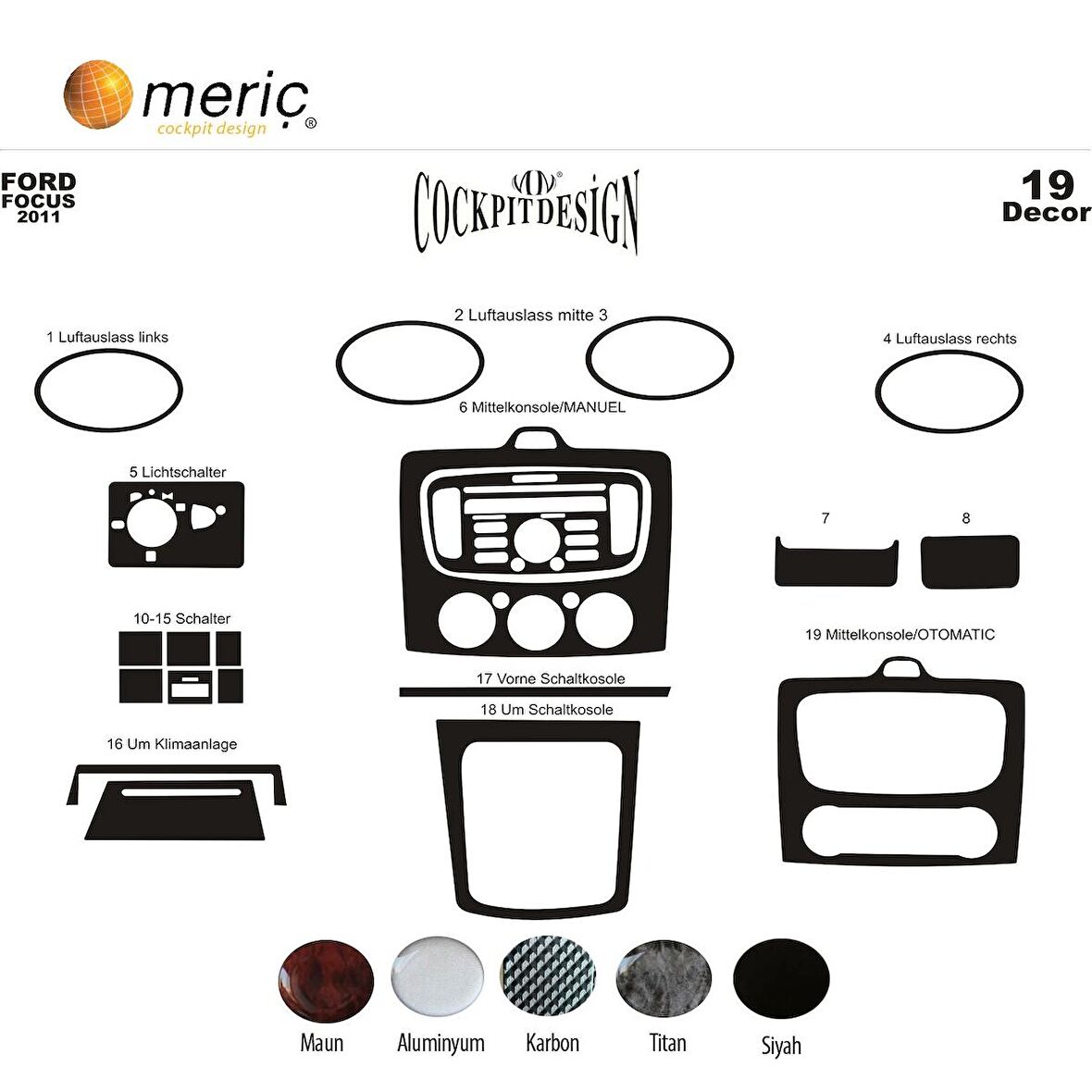 Meriç® Ford Focus Ön Torpido Kaplama (M.Klima) 19 P. 2004-2012