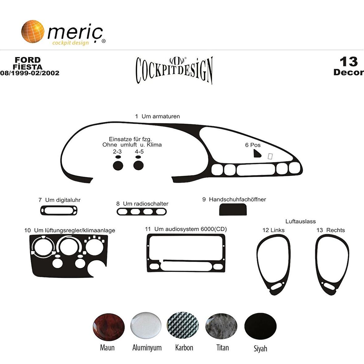 Meriç® Ford Fiesta Ön Torpido Kaplama 13 Parça 1999-2002