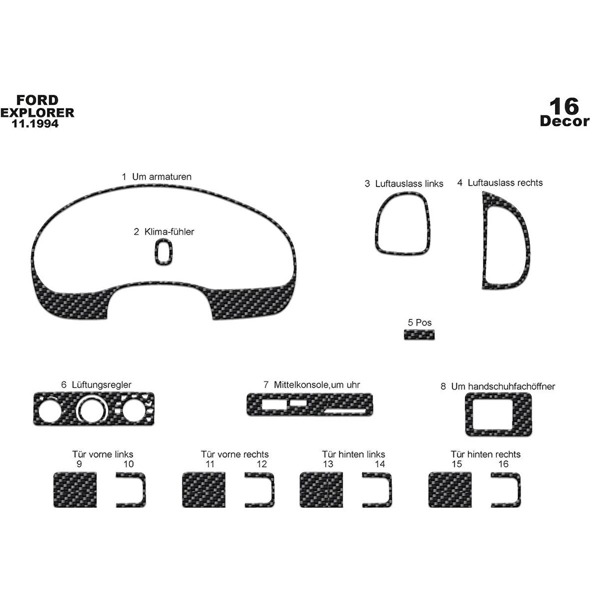 Meriç® Ford Explorer Ön Torpido Kaplama 16 Parça 1993-1995