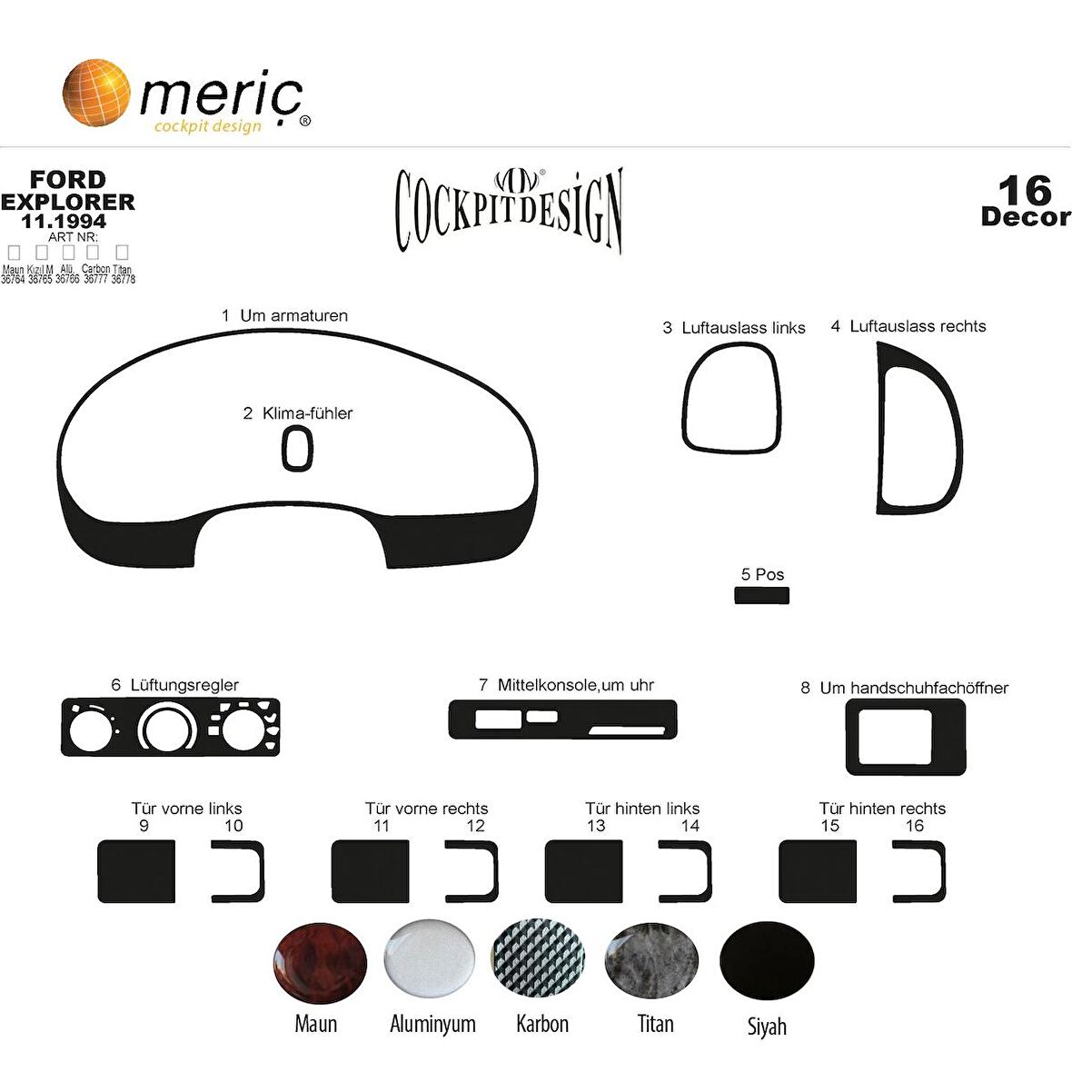 Meriç® Ford Explorer Ön Torpido Kaplama 16 Parça 1993-1995