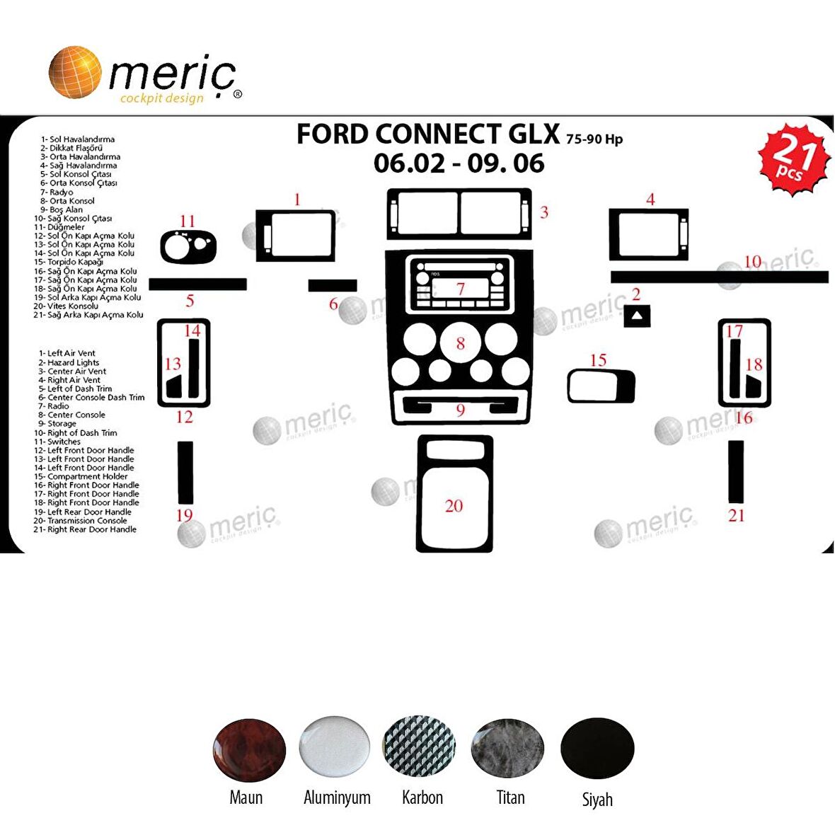 Meriç® Ford Connect Glx Ön Torpido Kaplama 21 Parça 2002-2006
