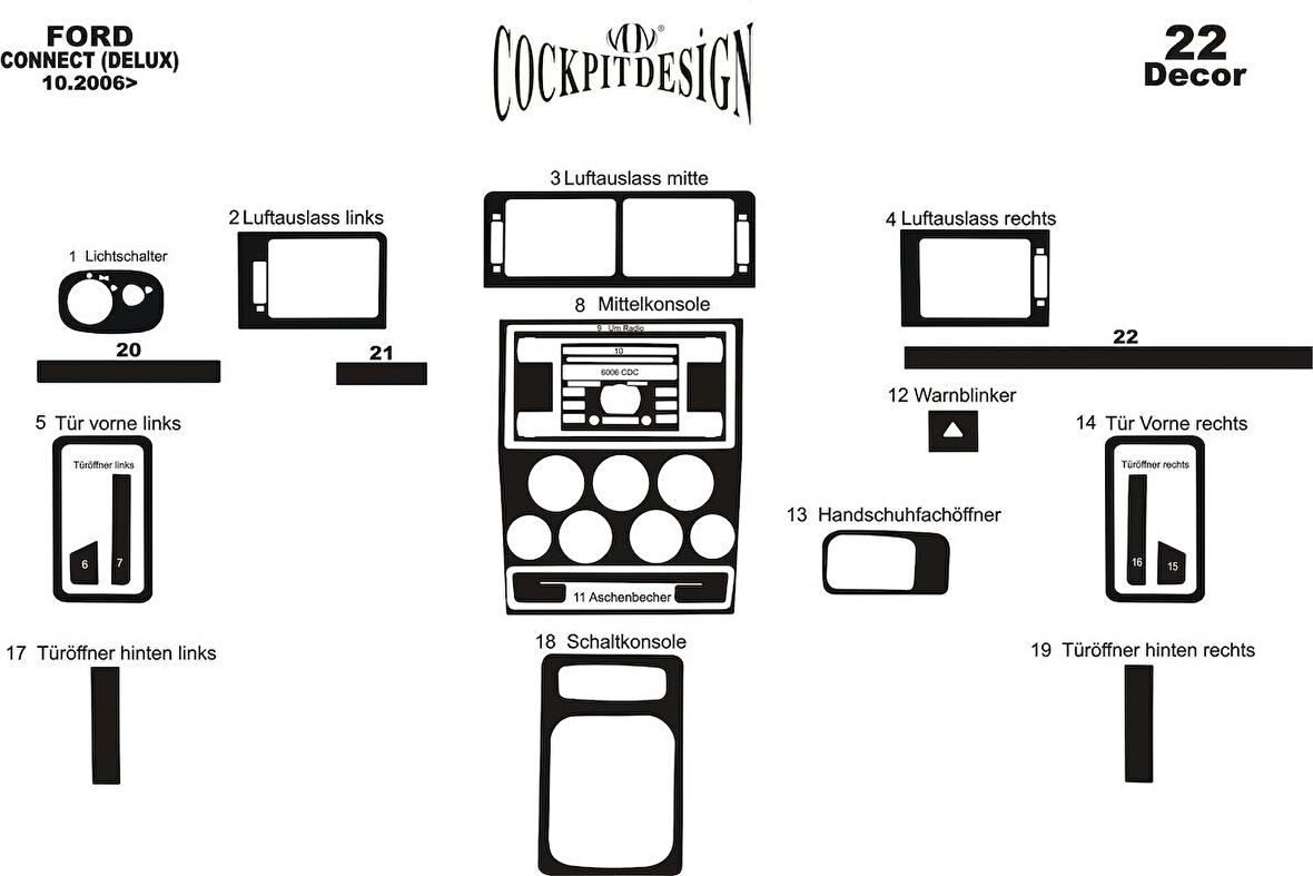 Meriç® Ford Connect Delux Ön Torpido Kaplama 22 Parça 2006-2009