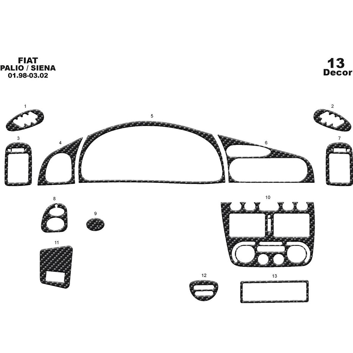 Meriç® Fiat Palio/Siena Ön Torpido Kaplama 13 Parça 1998-2002