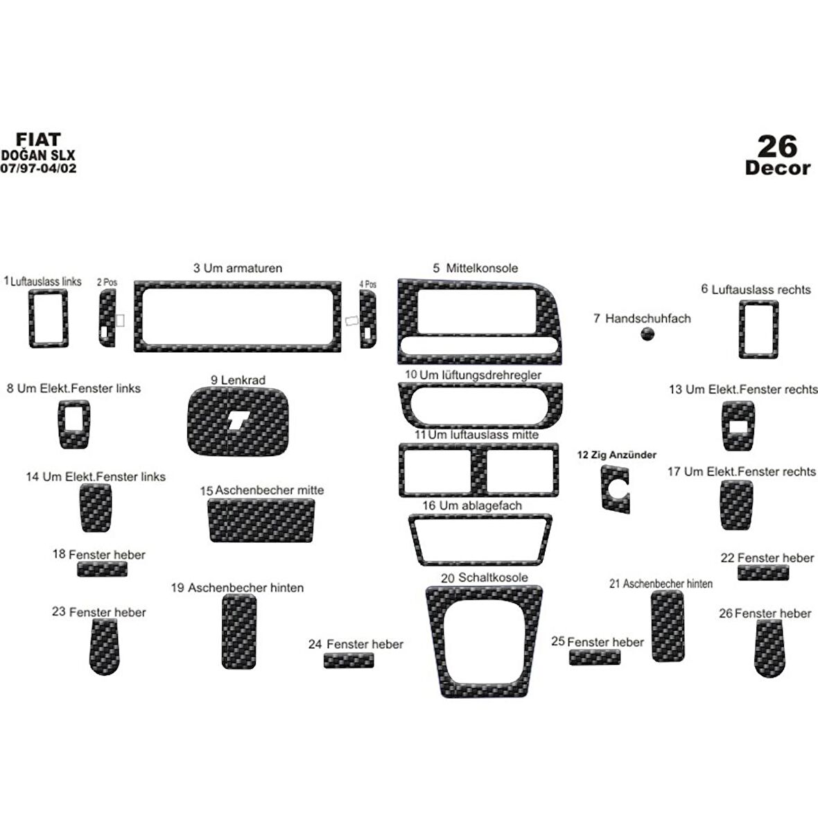 Meriç® Fiat Doğan SLX/Kartal Ön Torpido Kaplama 26 Parça 1997-2002
