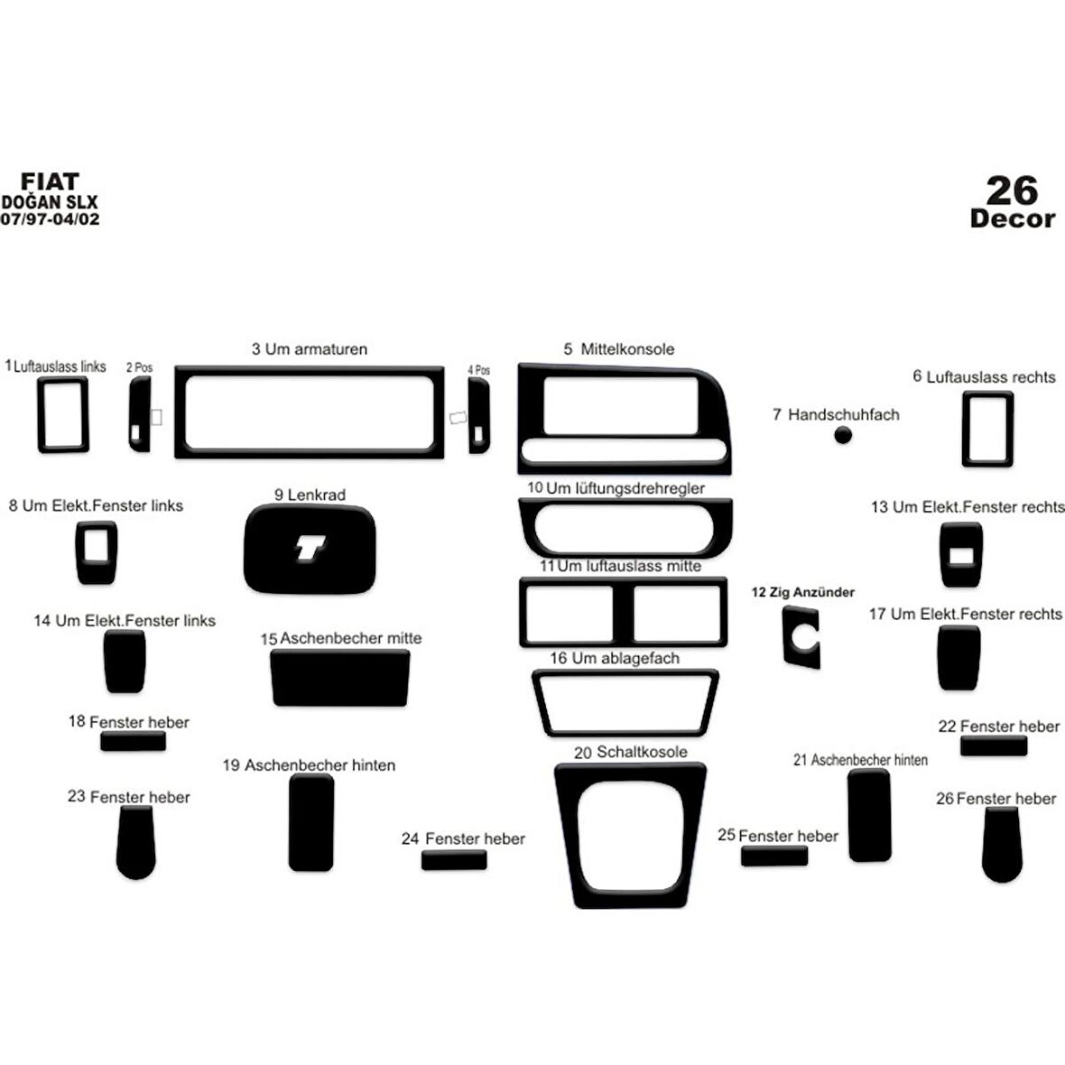 Meriç® Fiat Doğan SLX/Kartal Ön Torpido Kaplama 26 Parça 1997-2002