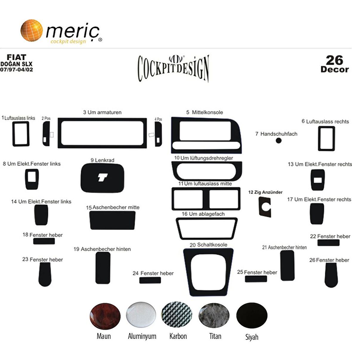 Meriç® Fiat Doğan SLX/Kartal Ön Torpido Kaplama 26 Parça 1997-2002