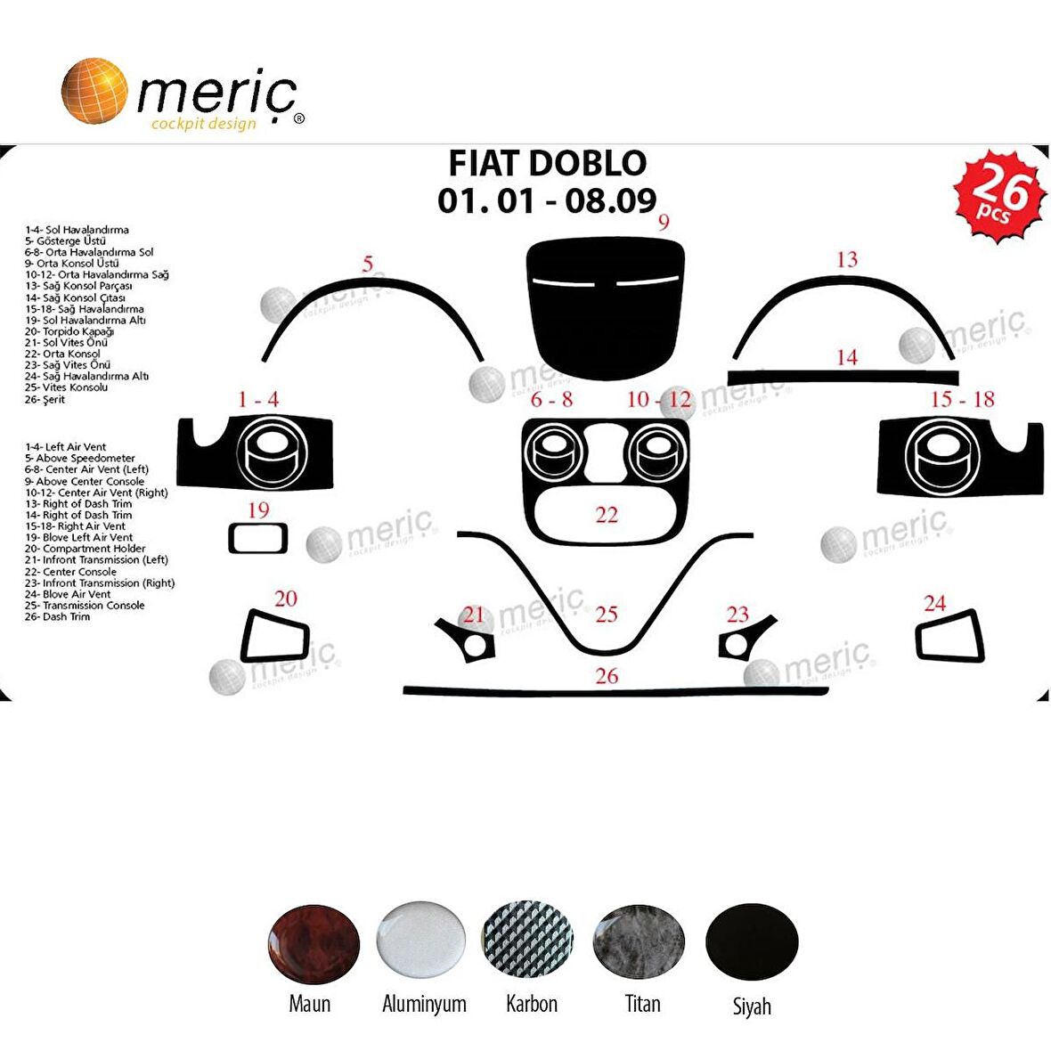 Meriç® Fiat Doblo Ön Torpido Kaplama 26 Parça 2001-2009