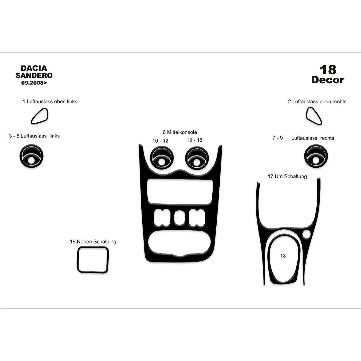 Meriç® Dacia Sandero Ön Torpido Kaplama 18 Parça 2008-2019