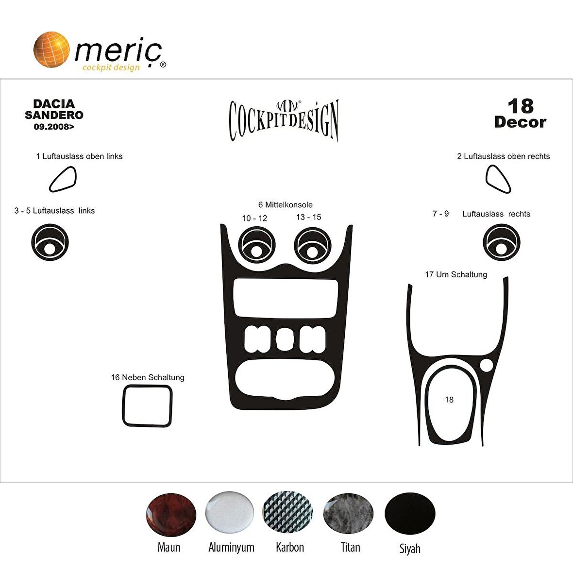 Meriç® Dacia Sandero Ön Torpido Kaplama 18 Parça 2008-2019