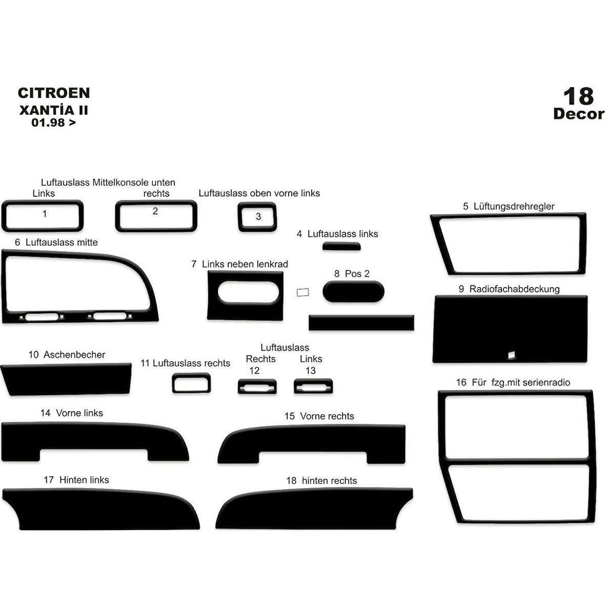 Meriç® Citroen Xantia 2 Ön Torpido Kaplama 18 Parça 1998-2006
